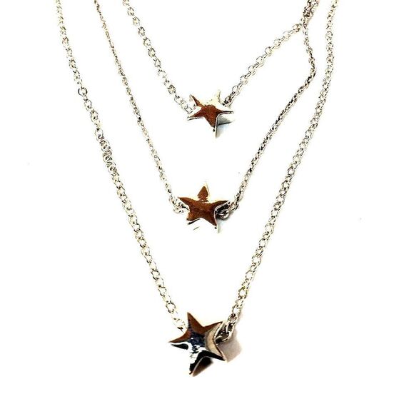 GUESS Polished Silver tone Layered Star Shaped Beads Design Necklace 16"+3.5" - Picture 2 of 7